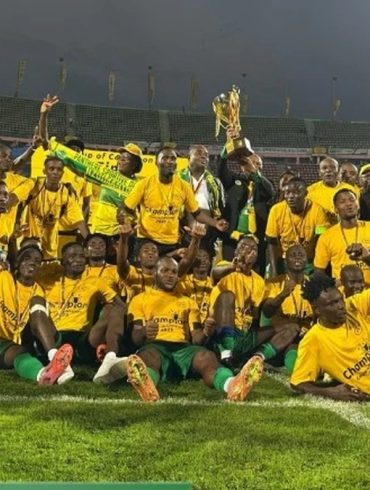 Les joueurs de la Panthère Sportive du Nde célèbrent leur sacre en Coupe du Cameroun 2025, trophée levé au milieu d’une marée jaune et verte.