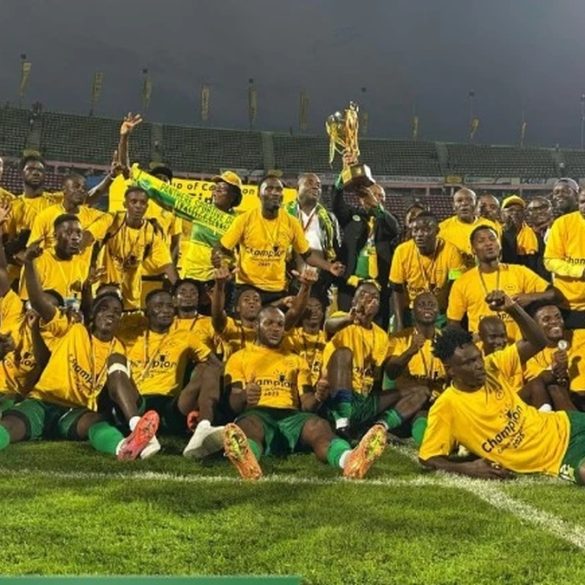 Les joueurs de la Panthère Sportive du Nde célèbrent leur sacre en Coupe du Cameroun 2025, trophée levé au milieu d’une marée jaune et verte.