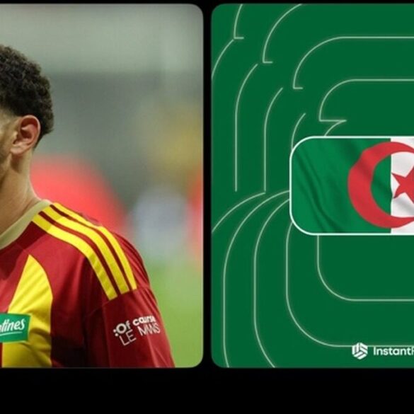 Adil Bourabaa sous le maillot du Mans à côté d’un visuel du drapeau algérien