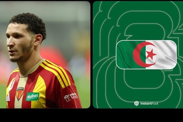 Adil Bourabaa sous le maillot du Mans à côté d’un visuel du drapeau algérien