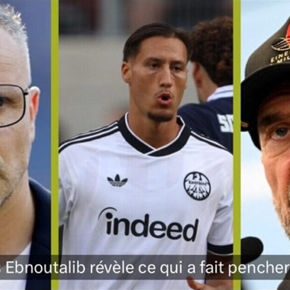Montage montrant Younes Ebnoutalib entre deux entraîneurs liés à son choix international