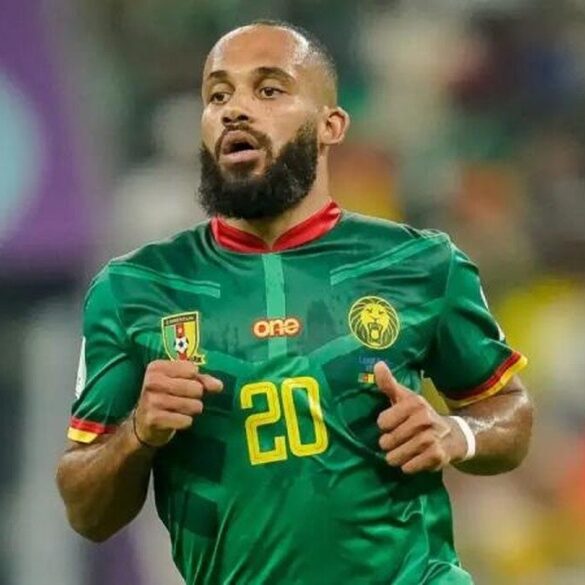 Bryan Mbeumo sous le maillot des Lions indomptables.