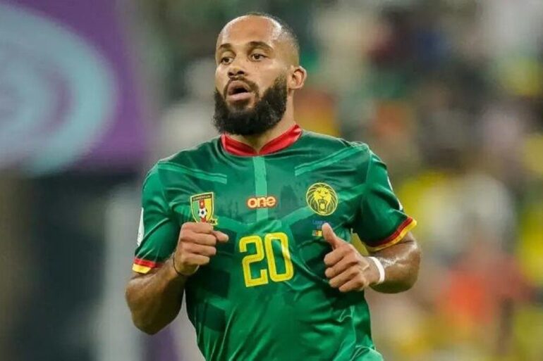 Bryan Mbeumo sous le maillot des Lions indomptables.