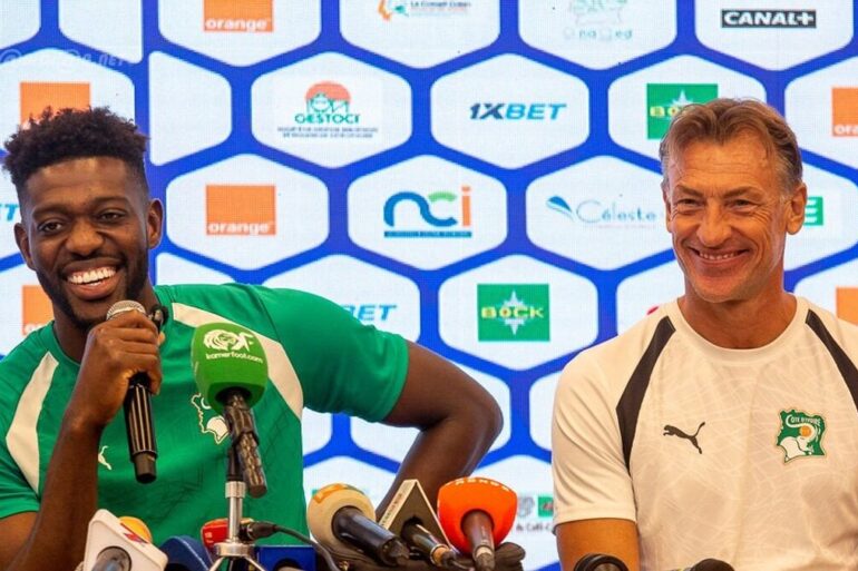 Hervé Renard et Ibrahim Sangaré en conférence de presse avant Côte d’Ivoire–Cameroun